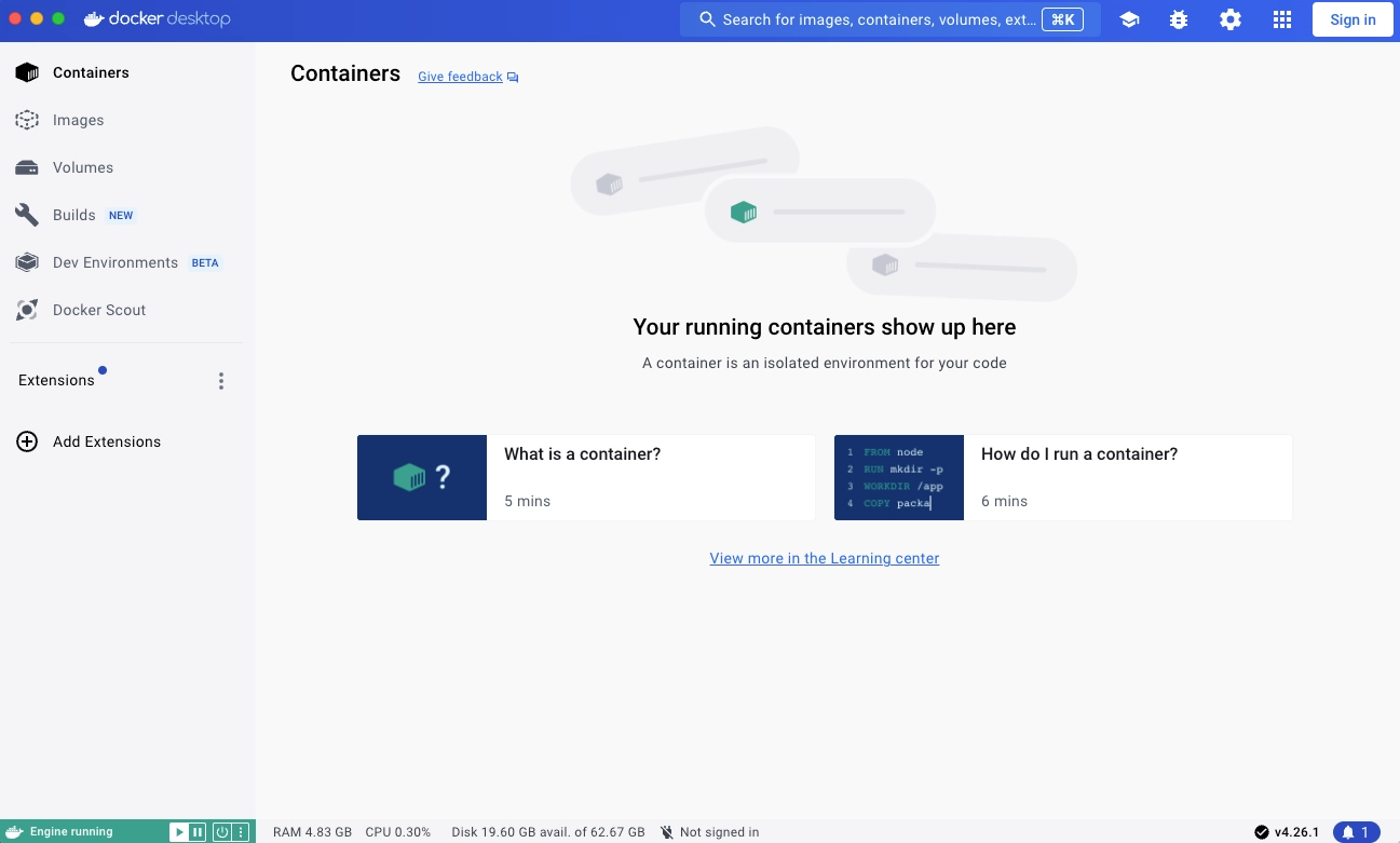 Docker Desktop Dashboard on Containers view